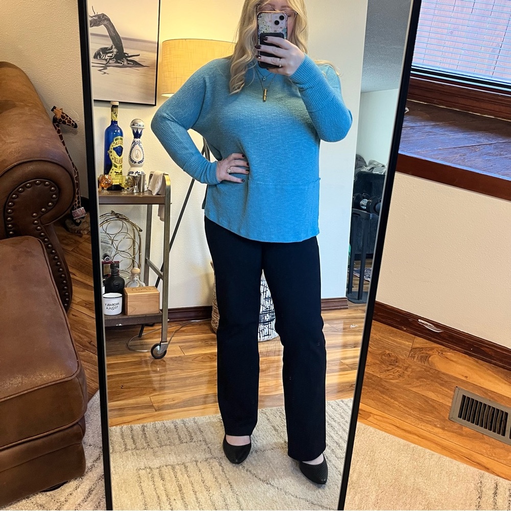 Anthropologie eri + ali Blue ribbed knit Top funnel neck sz M pullover tunic - Picture 3 of 9